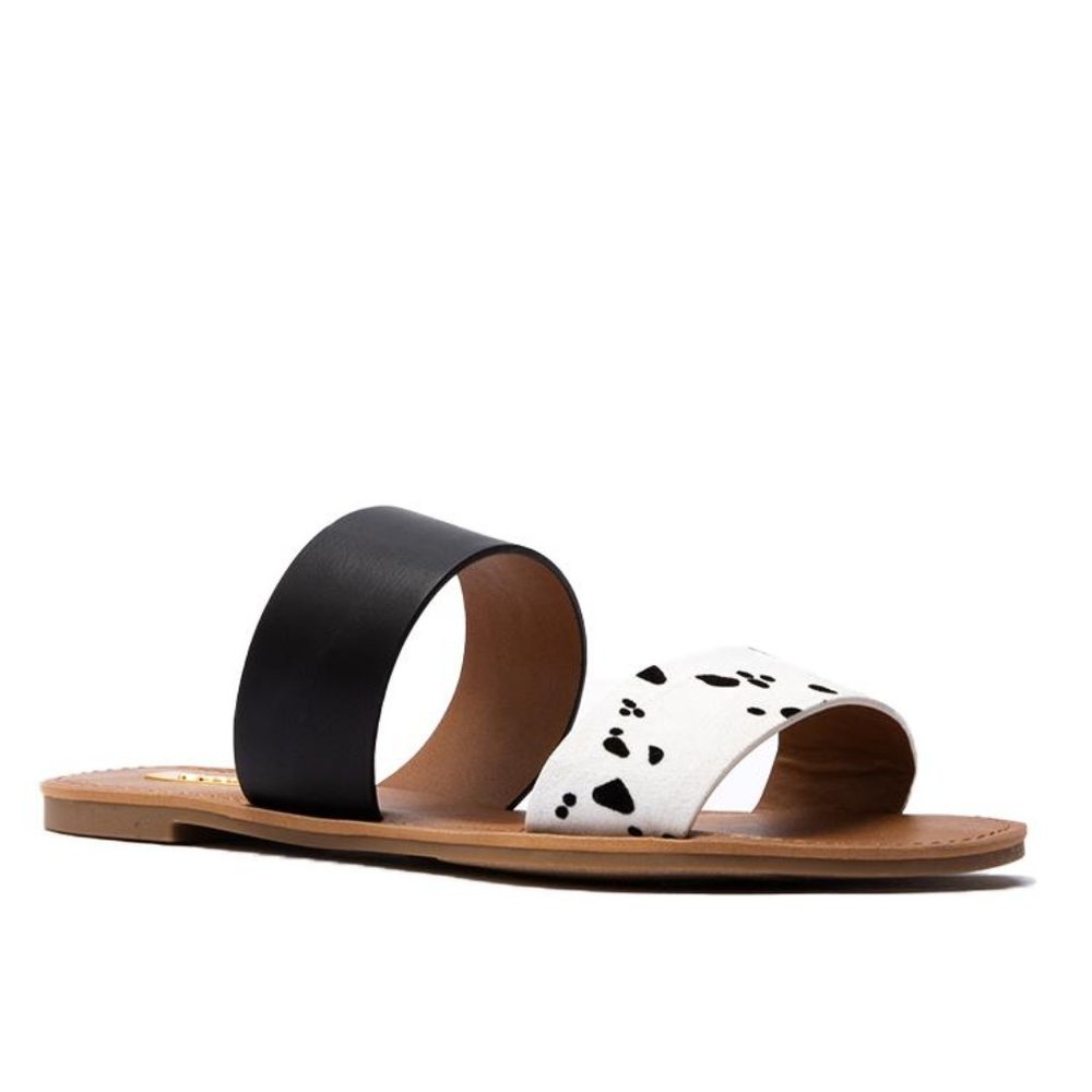 Qupid Black and White Two-Band Slide Sandal for Women